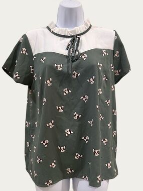 Boston Terrier Ruffled Collar Short Sleeve Green Blouse Medium - Jessy B